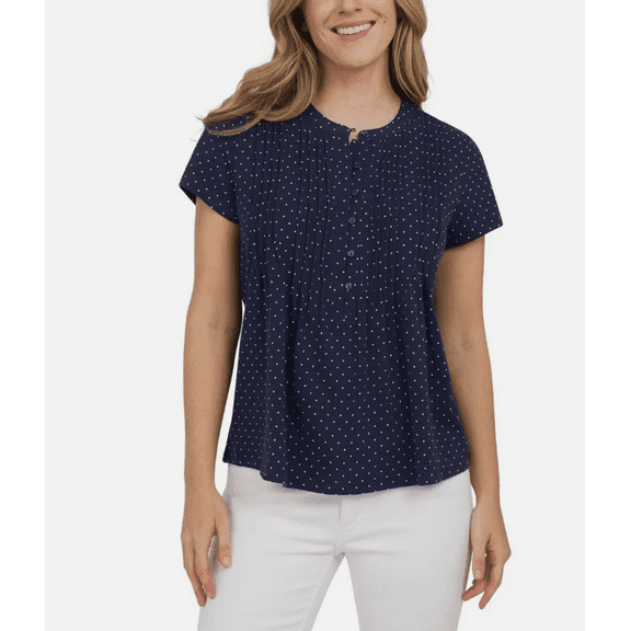 Lands' End Women's Short Sleeve Pintuck Blouse, Navy, Size Medium