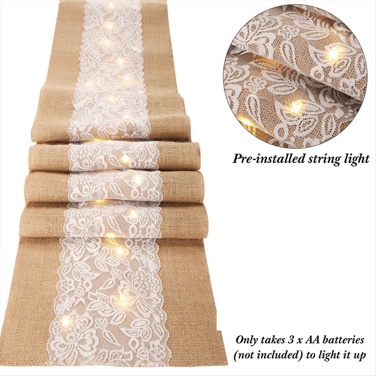 6 Pack Burlap Table Runner with LED Lights Lace Rustic Natural Boho Runner for Farmhouse Wedding Decor 12x108 Inches
