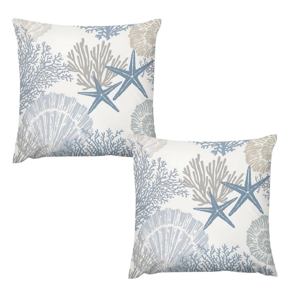 Nautical Coastal Throw Pillow Covers 22x22 Set of 2 Beach Themed Ocean Seashell Coral Starfish Velvet Couch Decorative Pillow Cases Outdoor Sofa Cushion Cover for Bedroom Living Room, Blue