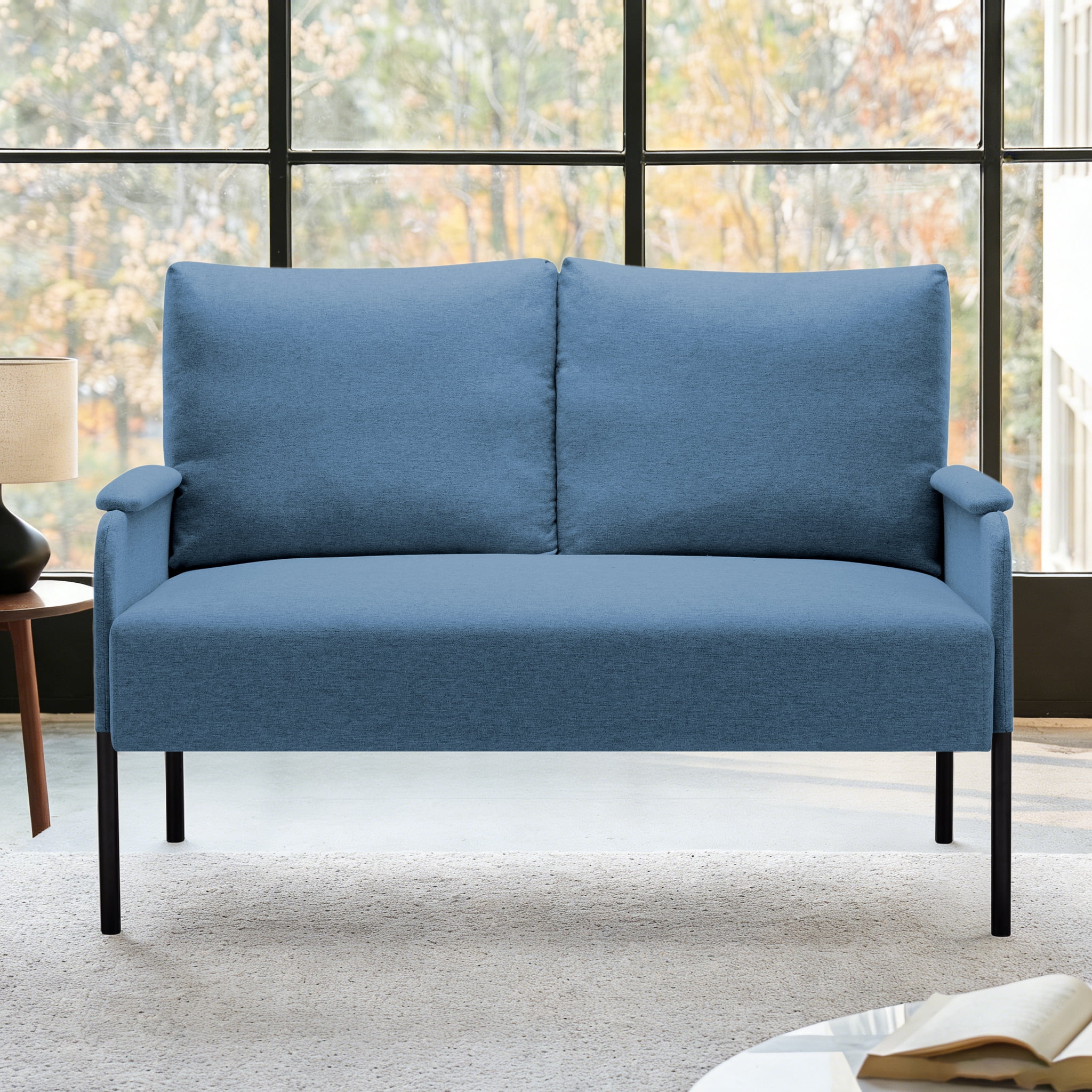 Gewnee 45.7”Loveseat Couch for Small Spaces,Mid-Century Modern 2-Seater Sofa with Metal Frame & Black Legs,Removable Washable Back Cushion Cover,Easy Assembly.Navy Blue