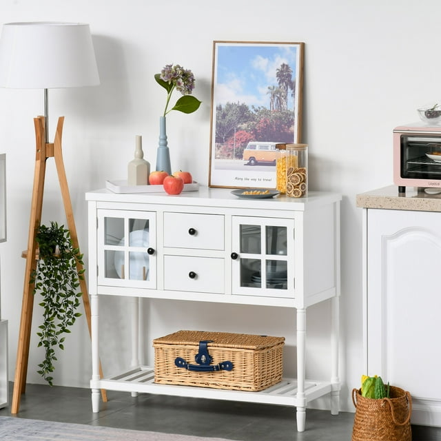 Topcobe Table Console Moderne à 2 Tiroirs avec Portes en Verre et Étagère à Lattes pour Salon d'Entrée, Blanc