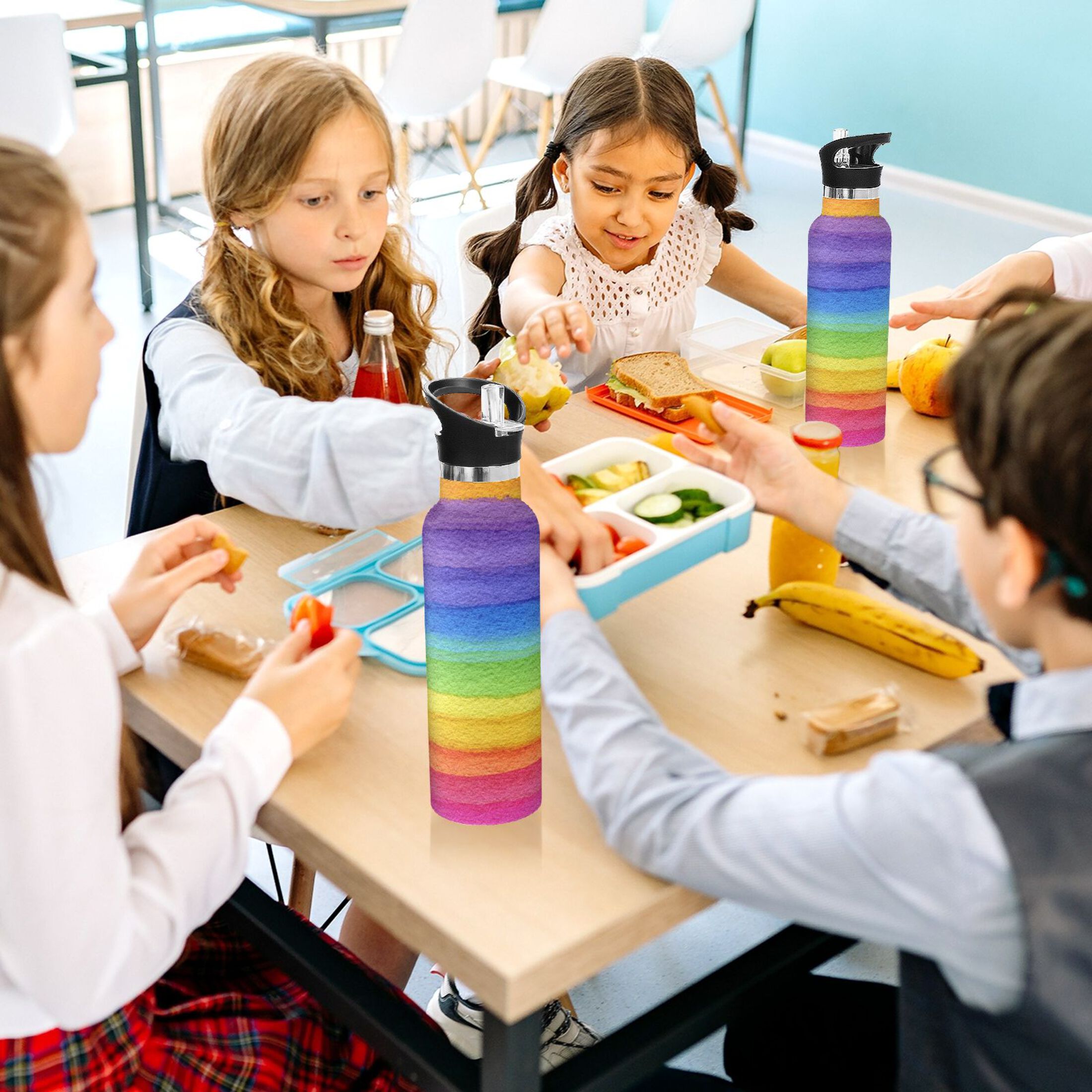 Kids Insulated Stainless Steel Sports Water Bottle 600ml (20oz) Watercolor Rainbow Colors