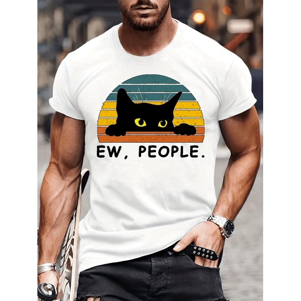 Camiseta con estampado de gato negro - Camiseta informal de manga corta y cuello redondo para hombre, ideal como regalo de verano - Hip Hop, cómoda, transpirable y de corte relajado.