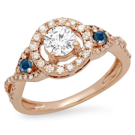 Dazzlingrock Collection 0.90 Carat (ctw) 10K Blue & White Diamond 3 Stone Halo Vintage Engagement Ring, Rose Gold, Size 6.5