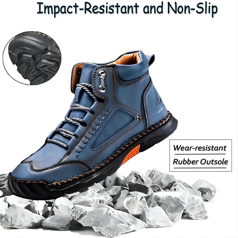 Men's Casual Leather Boots Handmade Lightweight Breathable Anti-slip Impact-resistant Sneakers Chukka Hiking Loafers Shoes Blue 10.5 US