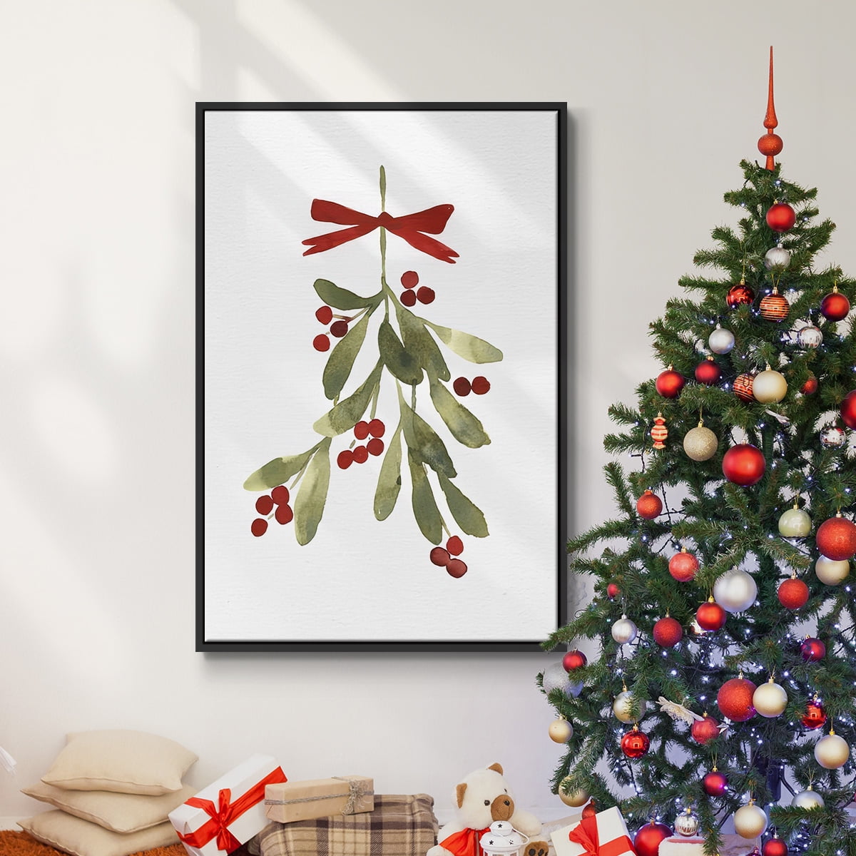 Mistletoe Bow I - Framed Gallery Wrapped Holiday Canvas - 27 x 41 - Black Frame