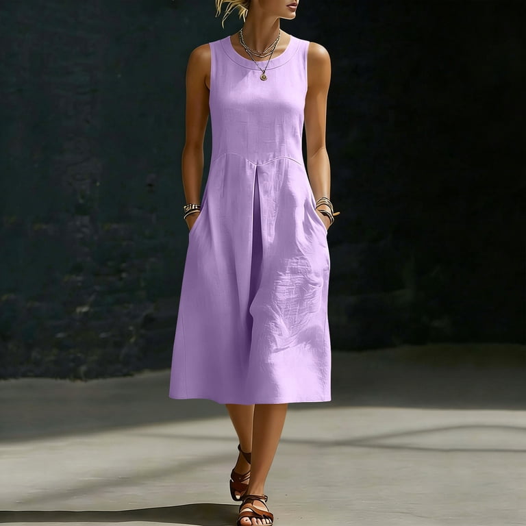 HVOBTTY Summer Women's Sleeveless Mid-Length Tank Dress Loose Cut Out Wear Equipped with Side Pockets Daily Casual Outer