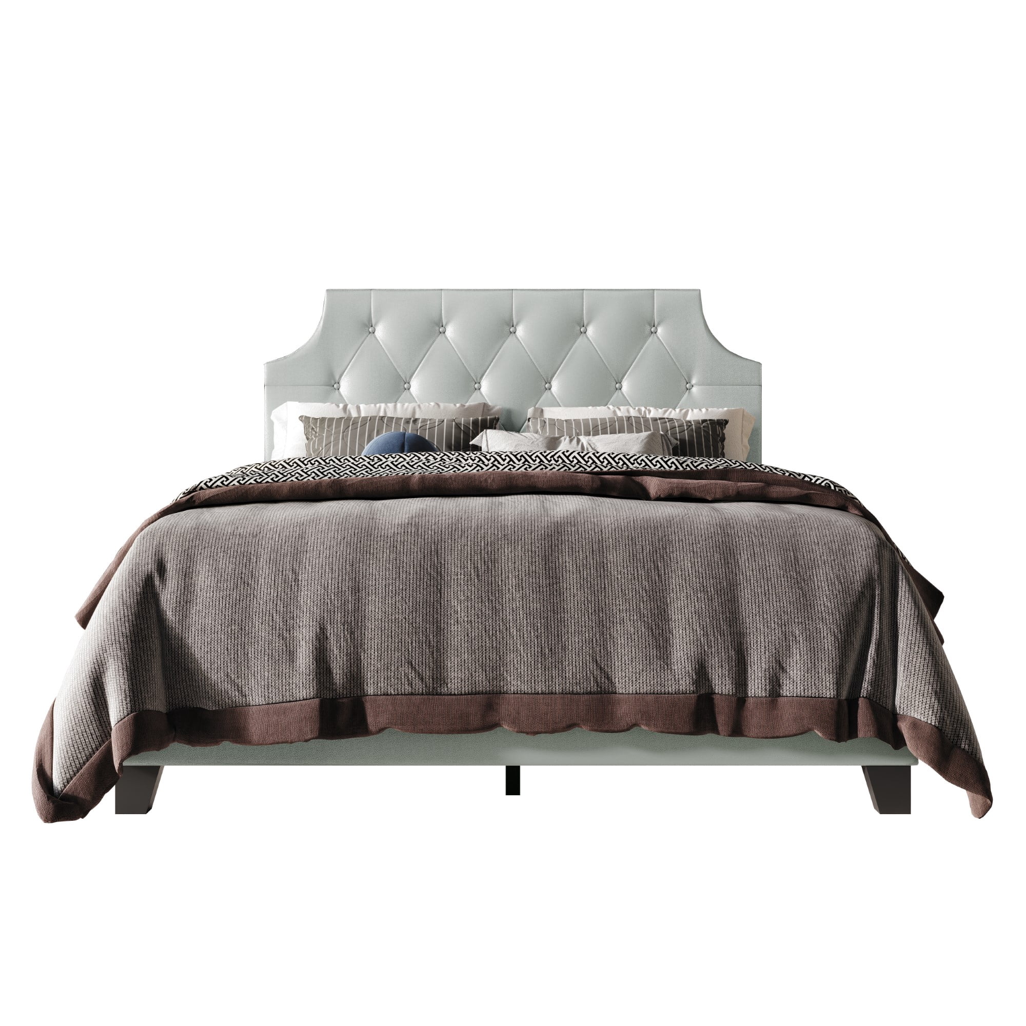 Home Design Mexico Twin Tufted Upholstered Platform Bed with Scooped Headboard and Padded Surface, Silver, Easy Assembly