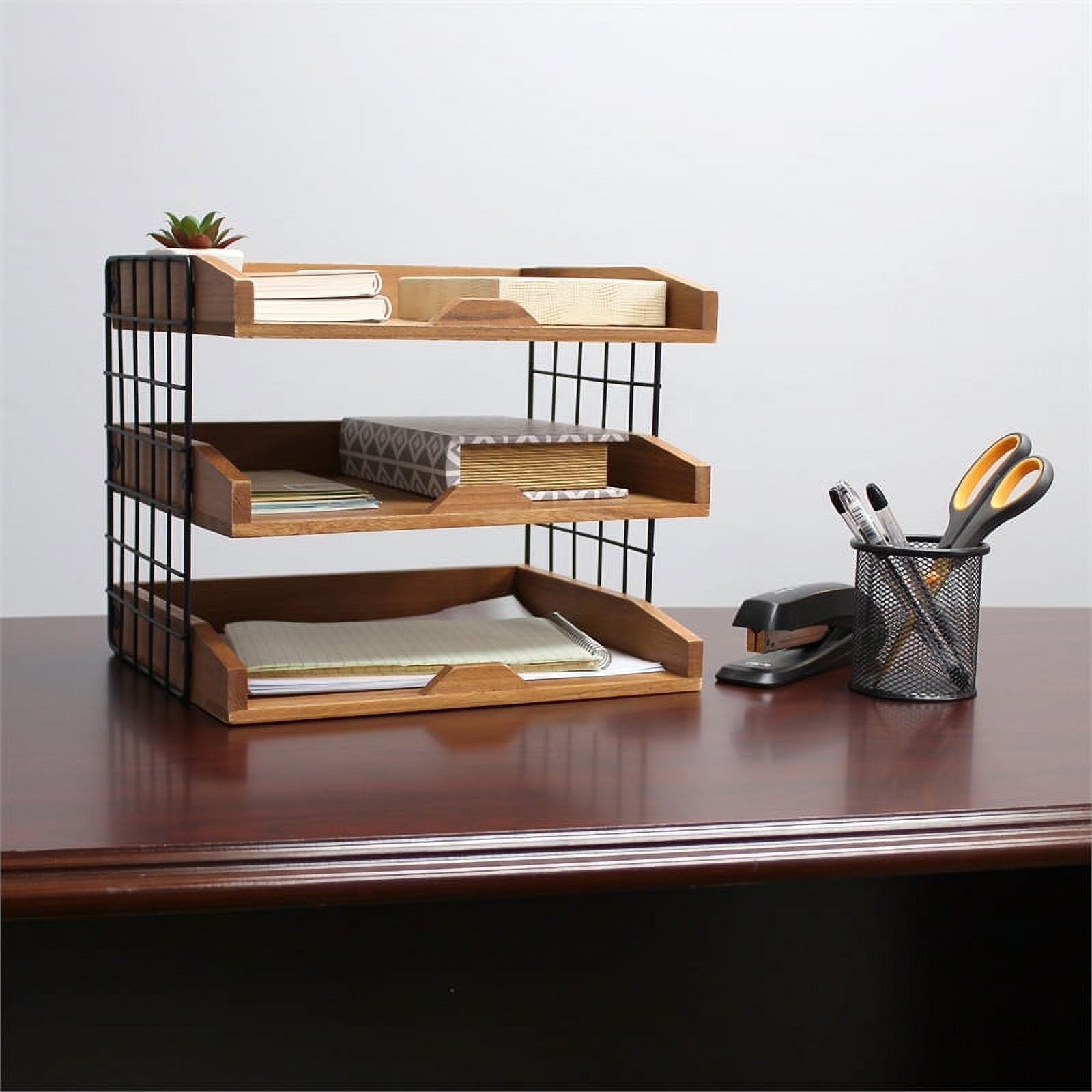 Elegant Designs Home Office Tiered Desk Organizer with Storage Cubbies and Letter Tray, Natural Wood
