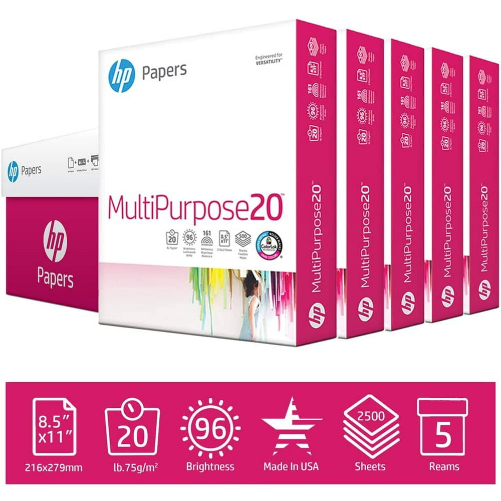 HP Printer Paper, Multipurpose20, 8.5x11, 20lb, 96 Bright, 5 Ream