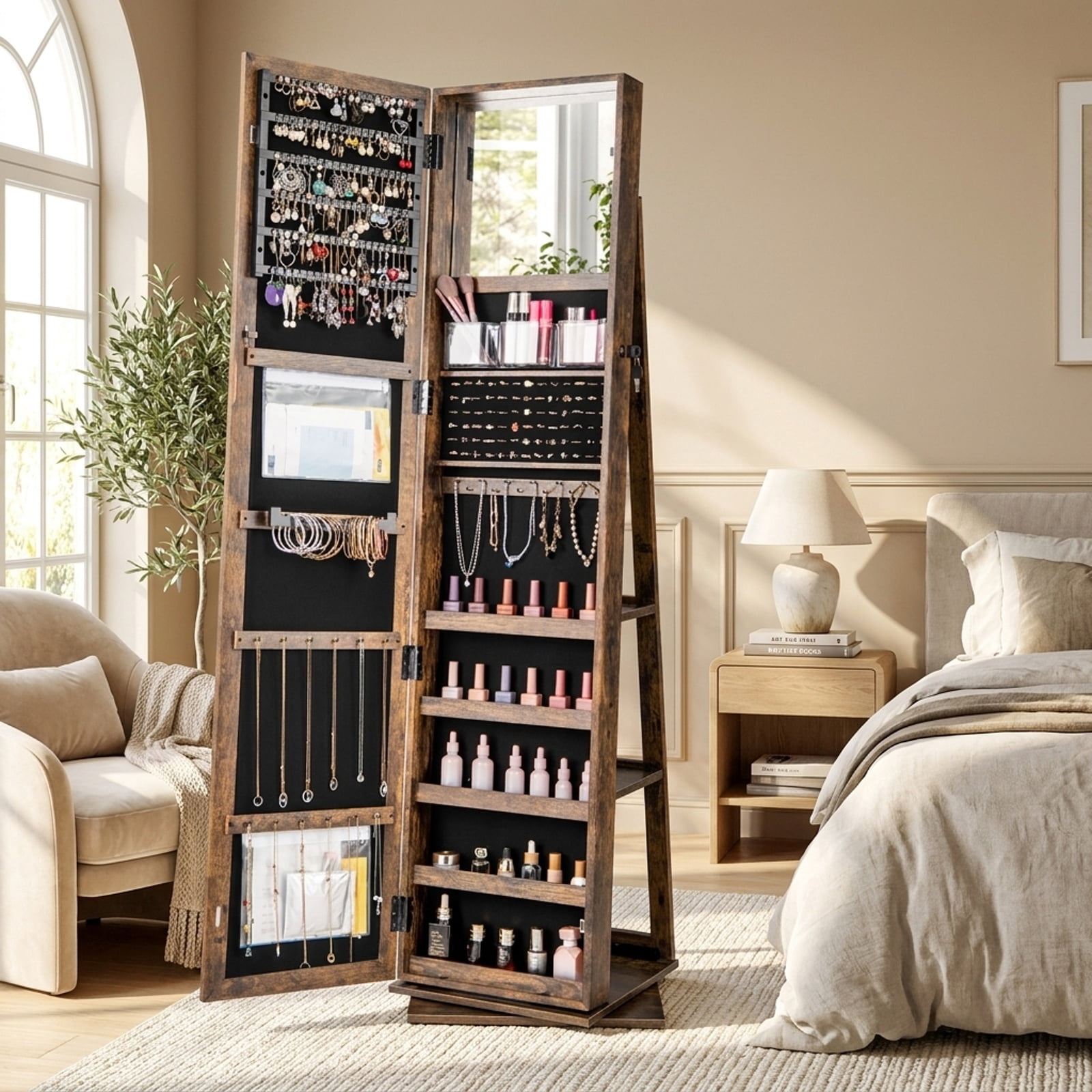 Furnibear 360° Swivel Jewelry Armoire Standing Jewelry Organizer with Full Length Mirror and Back Shelves for Bedroom Dressing Room, Rustic Brown