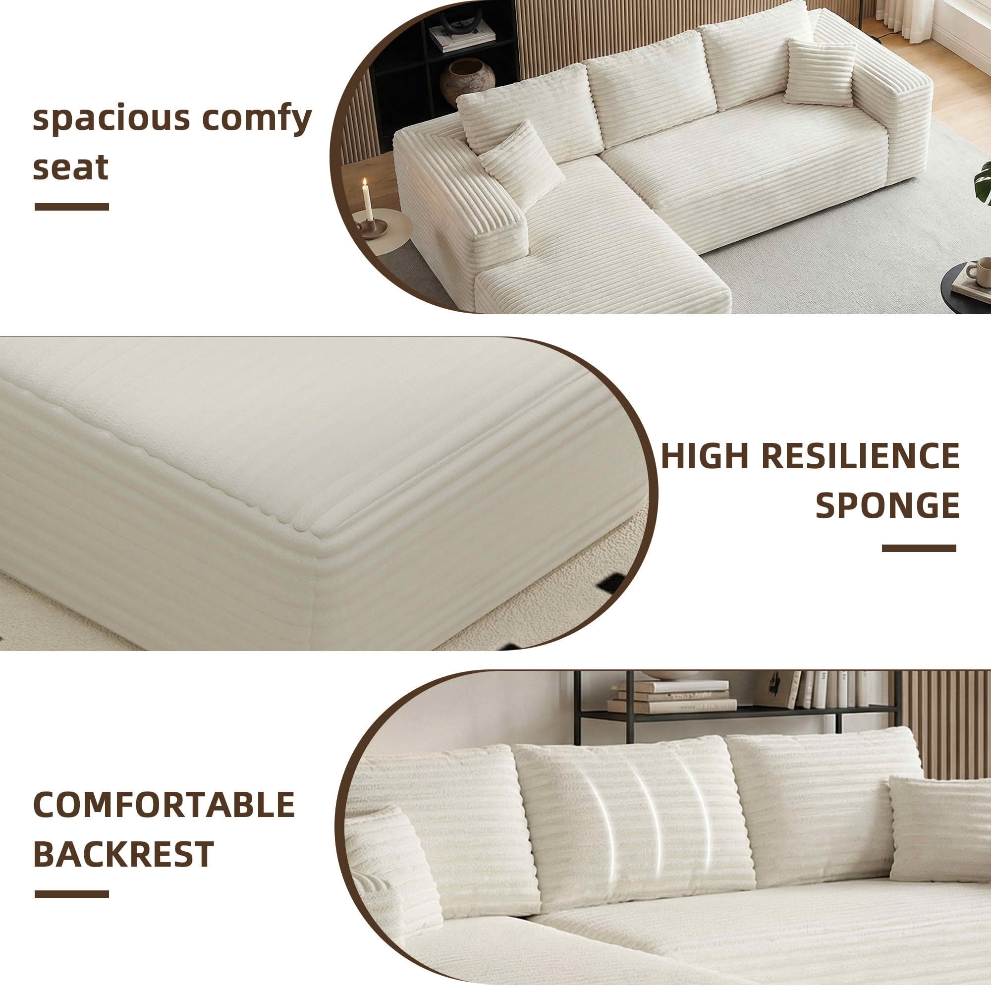 MAYEERTY 107" Cloud L-Shaped Modular Sectional Sofa with Left Facing Chaise, Plush Corduroy Deep Seat 3-Seater Couch, Cloud Sofa for Living Room, Apartment & Bedroom, No Assembly Required, White