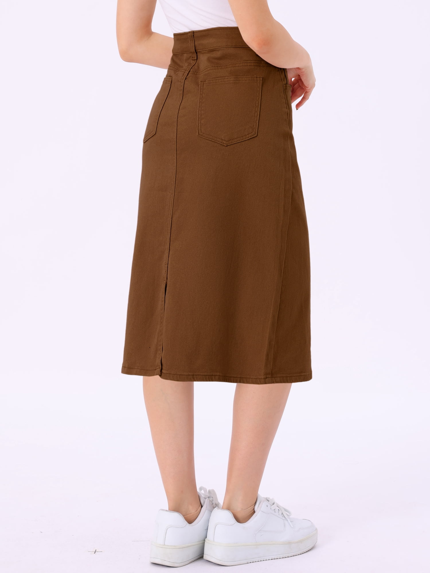 DARING DIVA Women's Zipped and Button Denim Split Back Pockets Midi Jean Skirts XS Dark Brown
