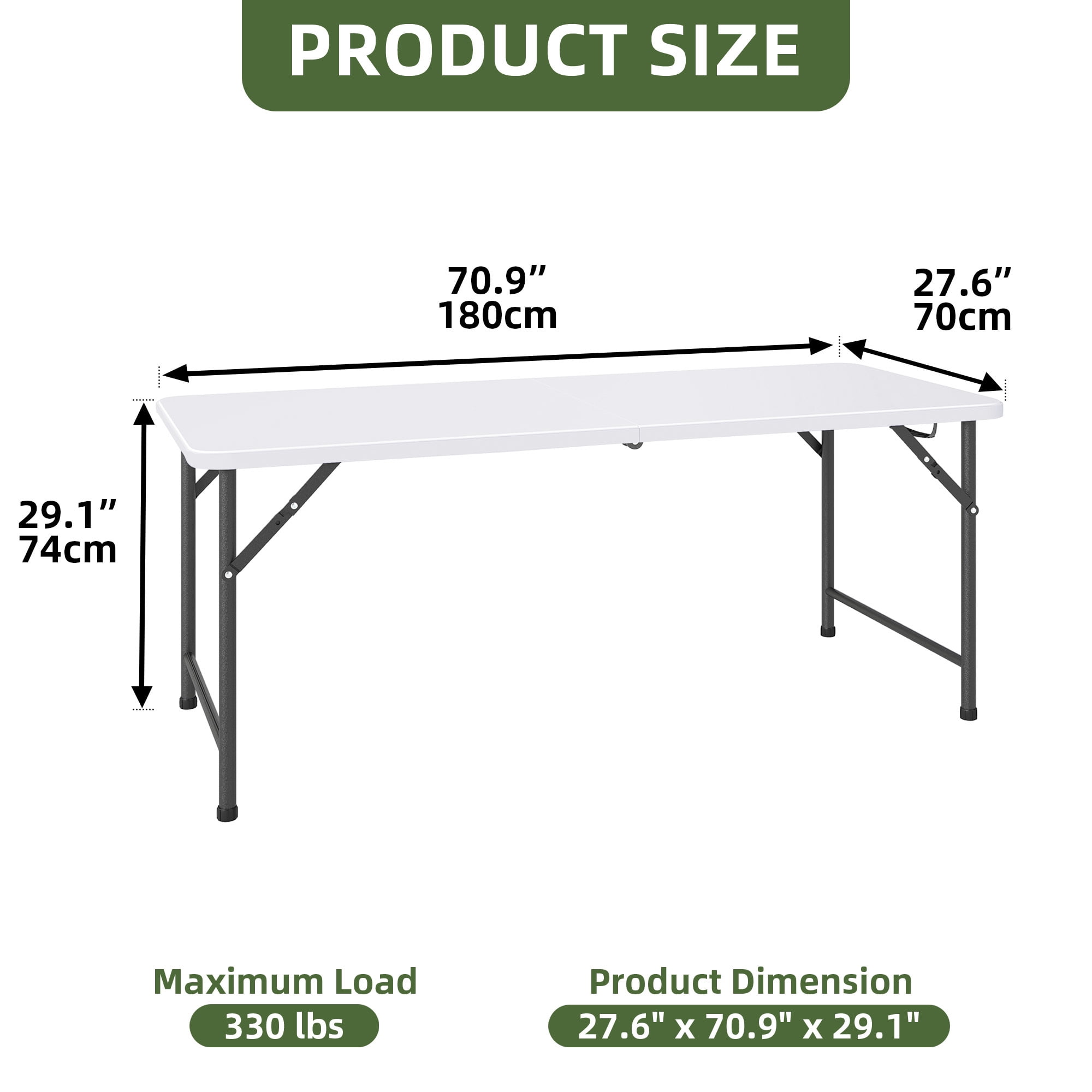 Uforic 6ft Heavy Duty Folding Table, 330 lbs Capacity Portable HDPE Table with Easy Carry Handle, Metal Legs, Stain Resistant for Indoor Outdoor Party Picnic Camping, Black