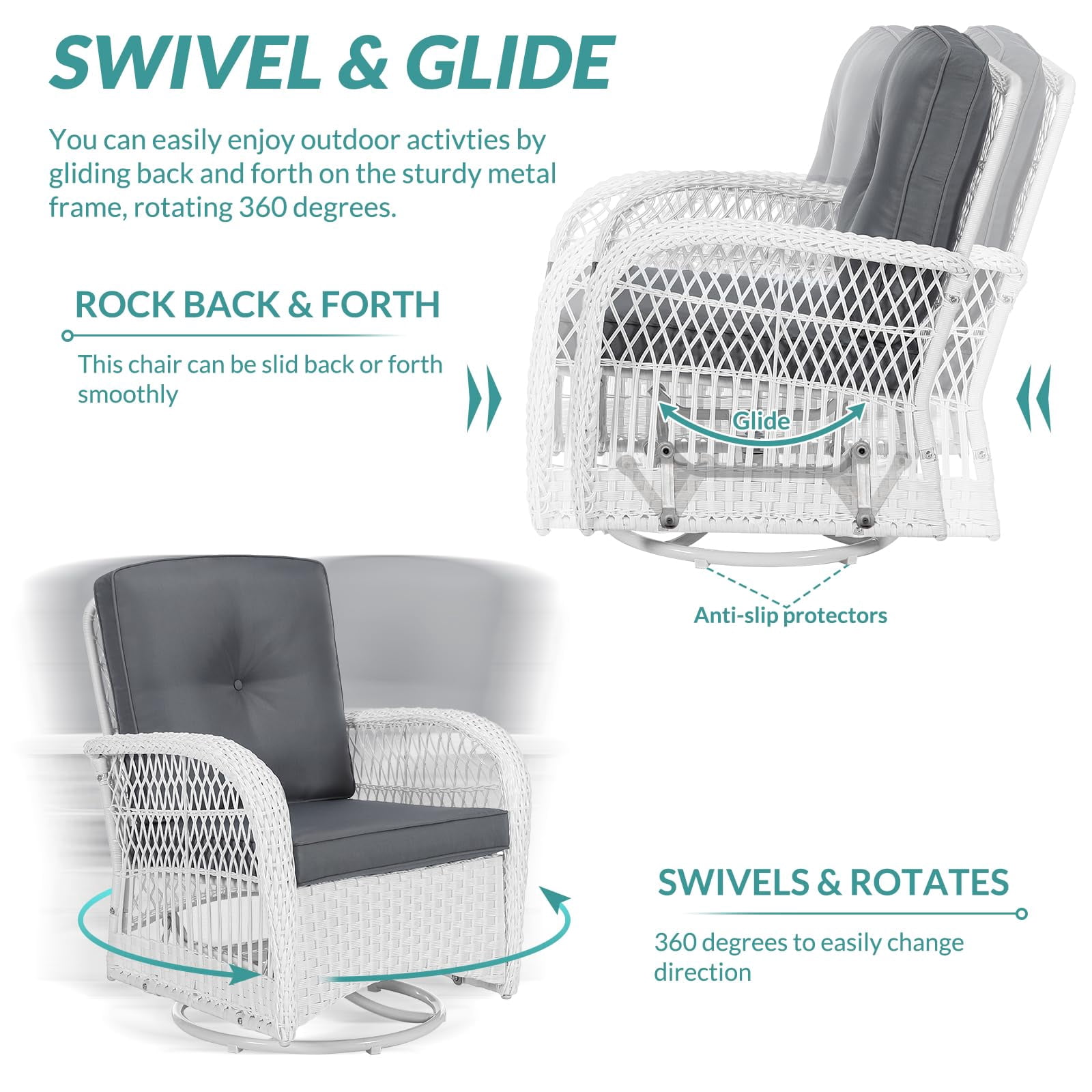 MEETWARM 3 Pieces Outdoor Wicker Swivel Rocker Patio Set, Rocking Chairs Rattan Patio Furniture Sets with Thickened Cushion and Glass-Top Coffee Table, Conversation Bistro Set, White Wicker/Grey