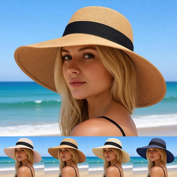 sususu Sun Protection Hat , Summer Accessories , Spring Hats for Women Stylish Summer Women's Wide Brim Raffia Sun Hat Featuring Adjustable Chin Strap For Beach Travel And Outdoor Sun Blue