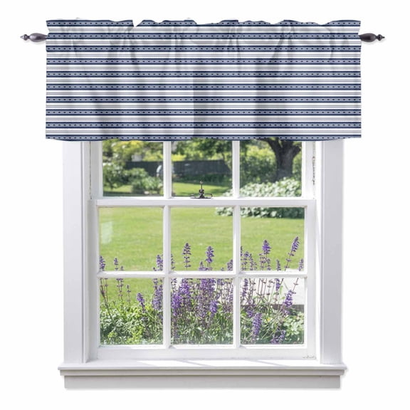 Navy Blue Striped Kitchen Curtain Valances for Windows Farmhouse Short Curtains, Farmhouse Striped Geometric Art Rod Pocket Valance Curtain for Bedroom Cafe Living Room 42"x18"