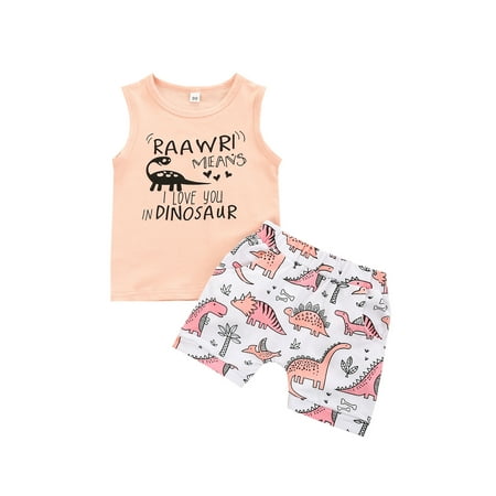

Toddler Baby Girl’s Cartoon Letter Vest and Dinosaur Plant Shorts Suit