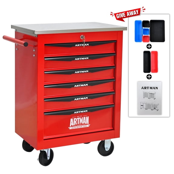 ARTMAN 6 Drawers Metal Rolling Storage Tool Chest Cabinet Cart with Wheels,with Key Locking and Parking Brake, Tool Box for Garage Workshop Warehouse