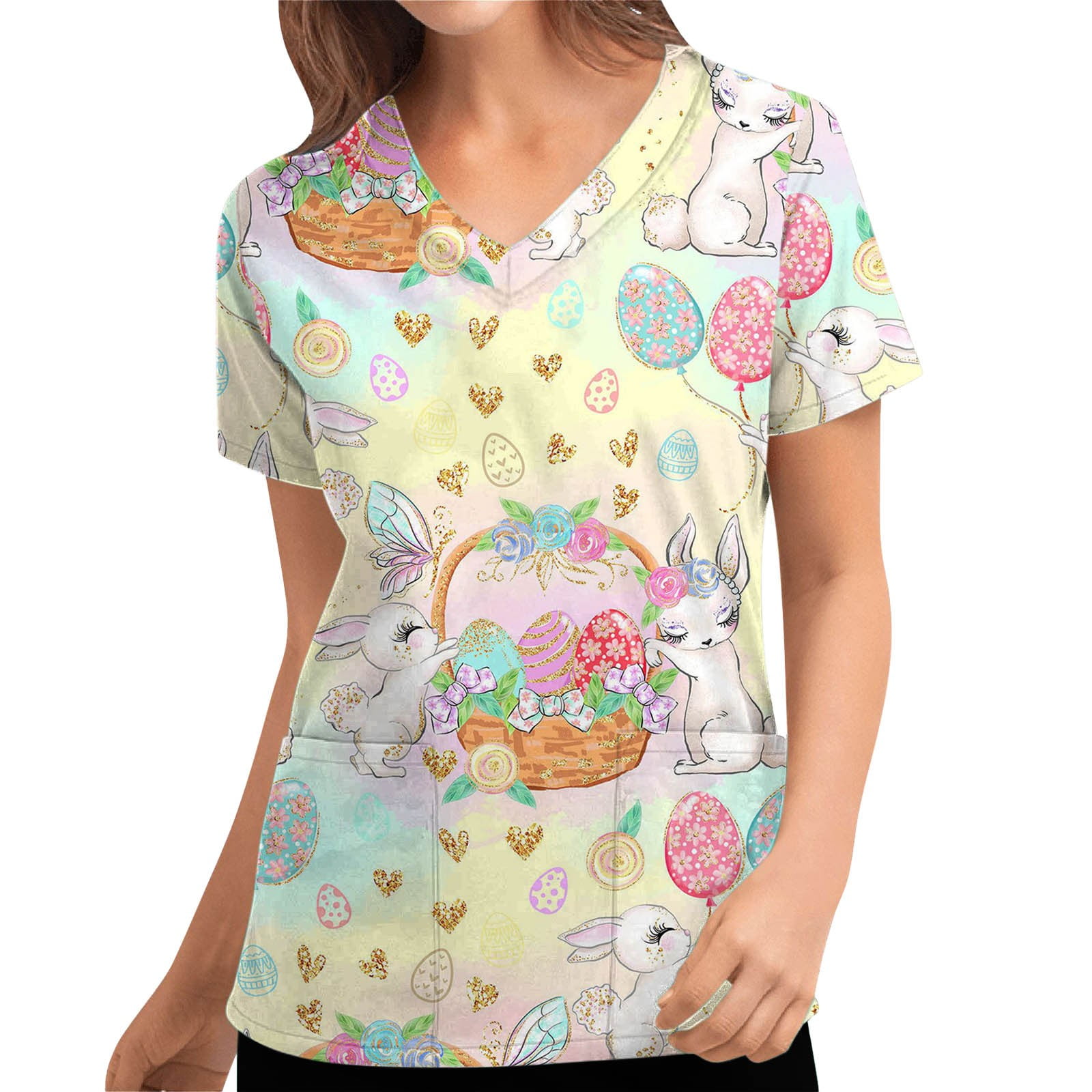 Meichang V Neck Working Uniform for Women 3D Butterfly Printed Nurse Top Short Sleeve Double Pockets Blouse