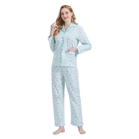

GLOBAL Womens 100% Cotton Notch Collar Pajama Set with Pockets 2-Piece Sizes S to 3XL