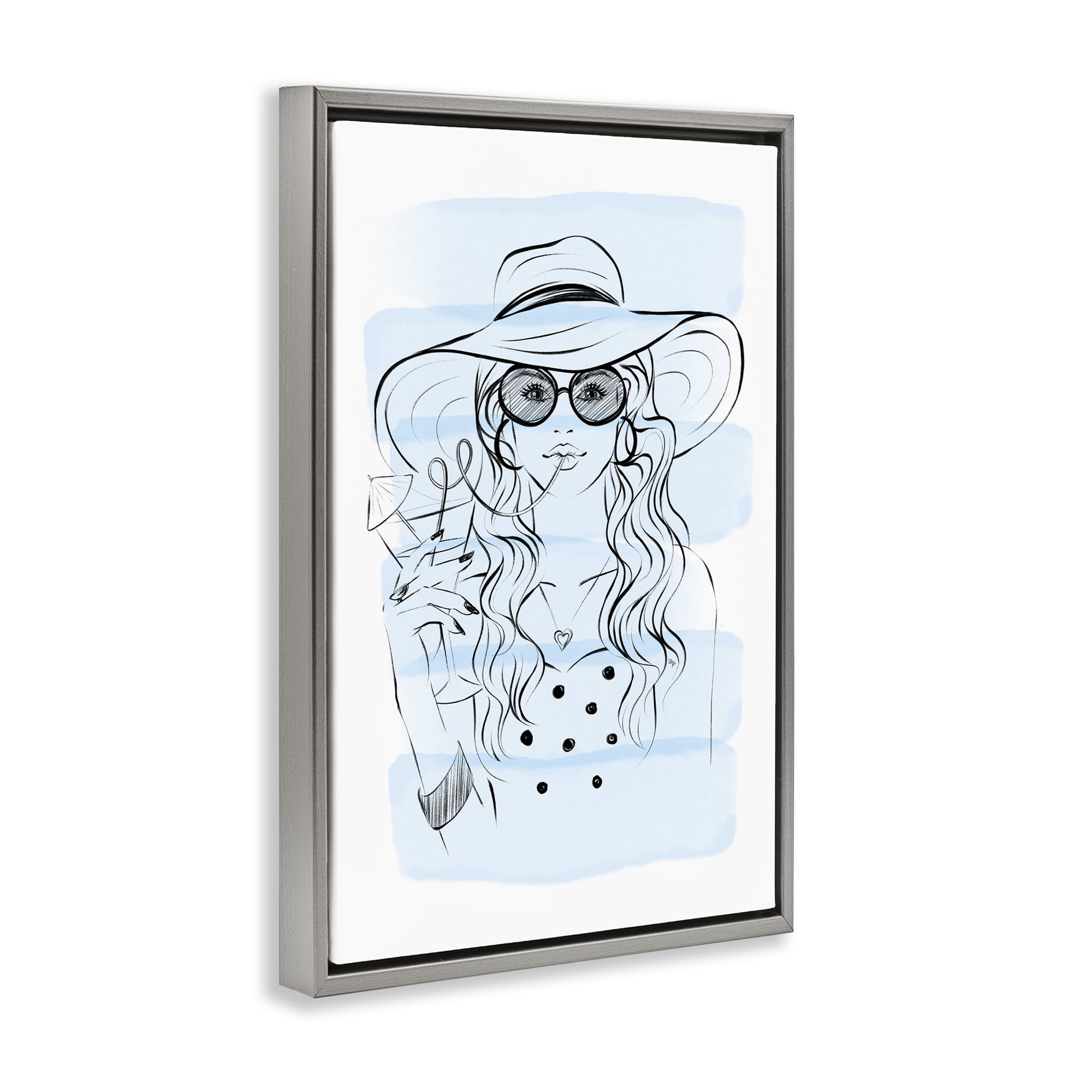 Stupell Industries Sipping Drink Girl in Sun Hat Gray Framed Floater Canvas Wall Art, design by Martina Pavlova