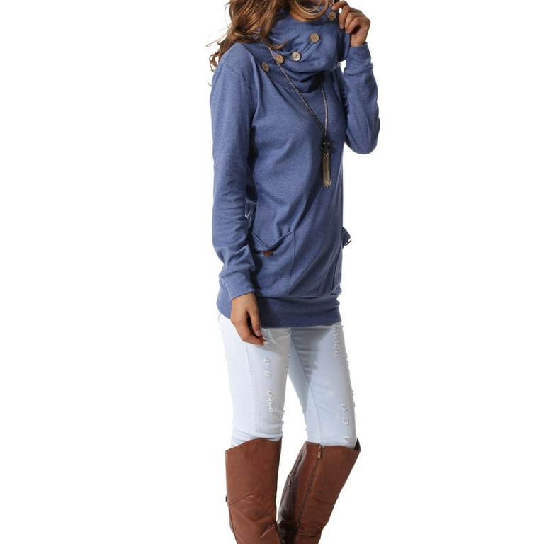 Levaca womens long sleeve button cowl neck casual slim tunic tops with pockets discount