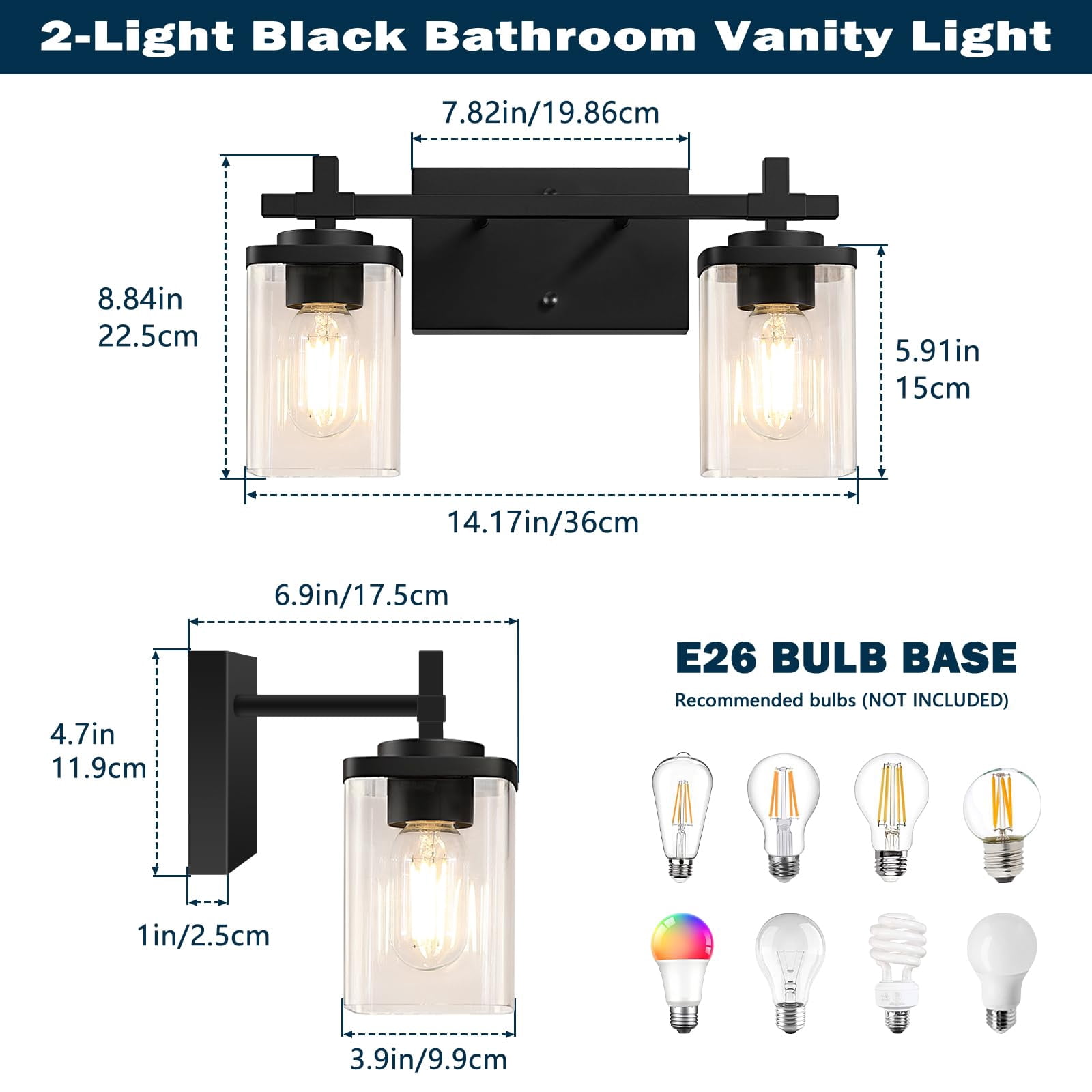 2-lights Bathroom Vanity Lights  Matte Black Light Fixtures Over Mirror Modern Wall Sconces With Clear Glass Shade Fixture For Bedroom Hallway Living Room