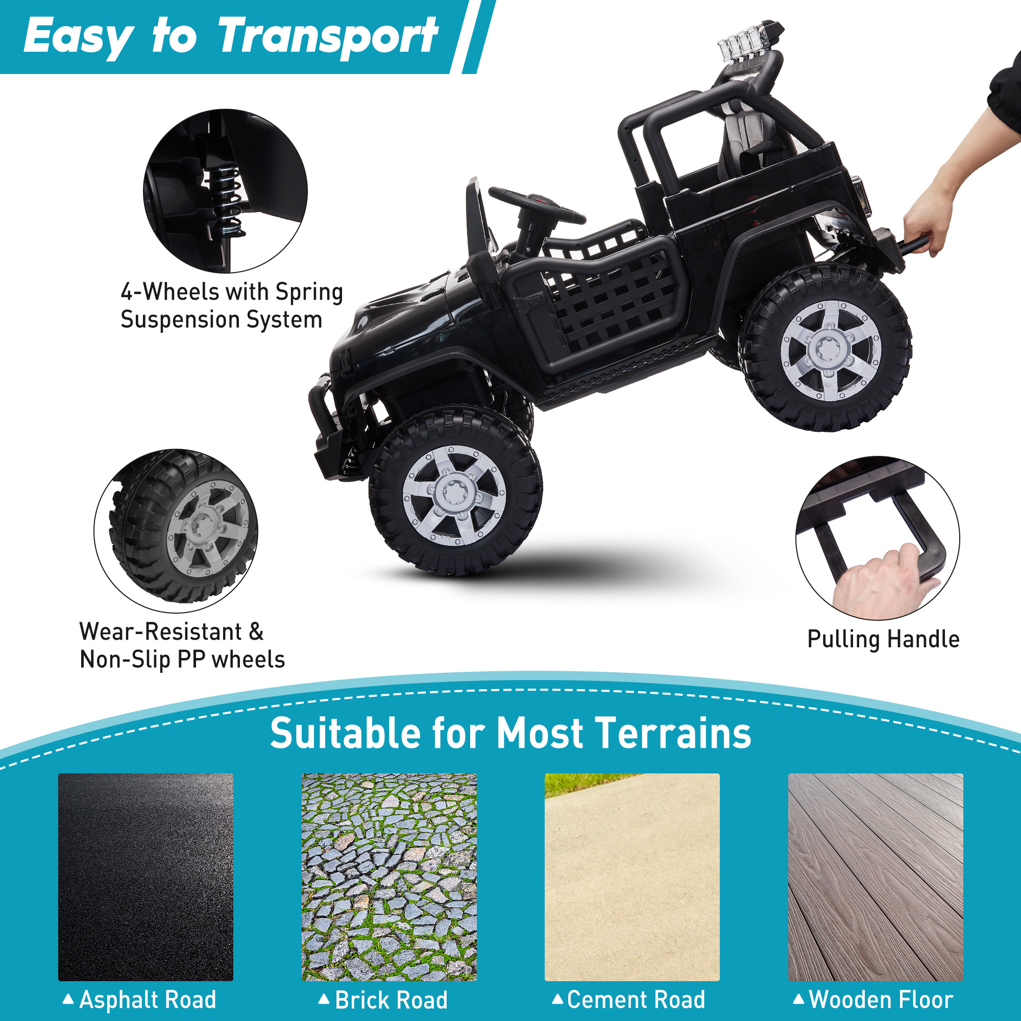 TOBBI 12V Kids Ride on Car, Jeep Car with Remote Control, LED Lights, Music, Horn, Bluetooth, Spring Suspension, Rocking, Black