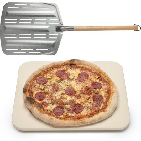 Pizza Stone PRO XL Baking Stone For Pizzas use in Oven, Grill or BBQ FREE Long Handled Anodised Aluminium Pizza Peel | Rectangular Stone 15 x 12" Inches | For Pies, Pastry, Bread, Calzone