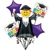 Congrats Grad Jumping Smile Face Emoticon Bouquet 5pc Balloon Pack, Purple