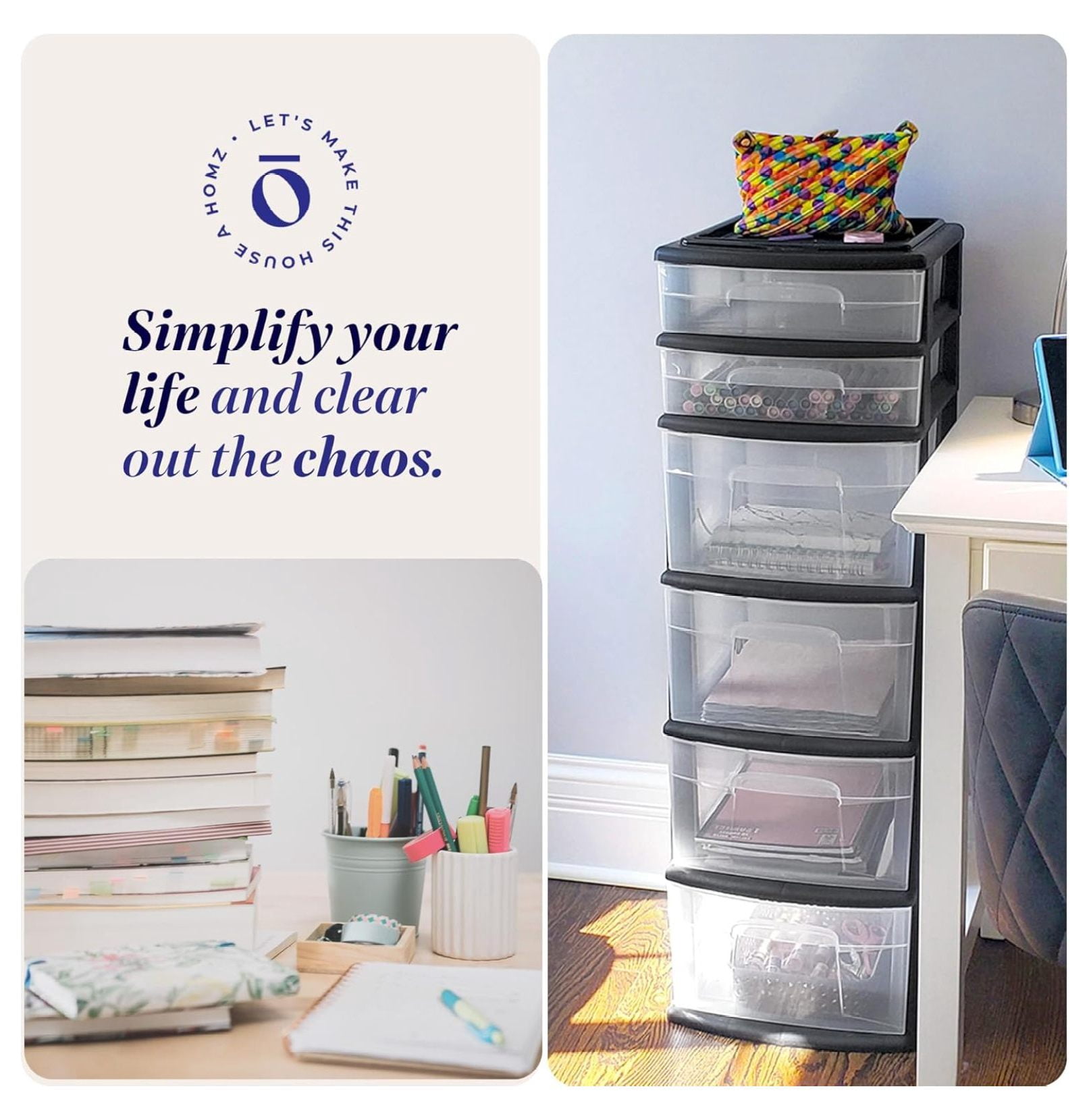 Drawer Tower, 6-Tier Clear Plastic Storage Organizer Cart, Black Frame - Heavy-Duty Organizing Drawers for Home, Bedroom, and Closet Organization