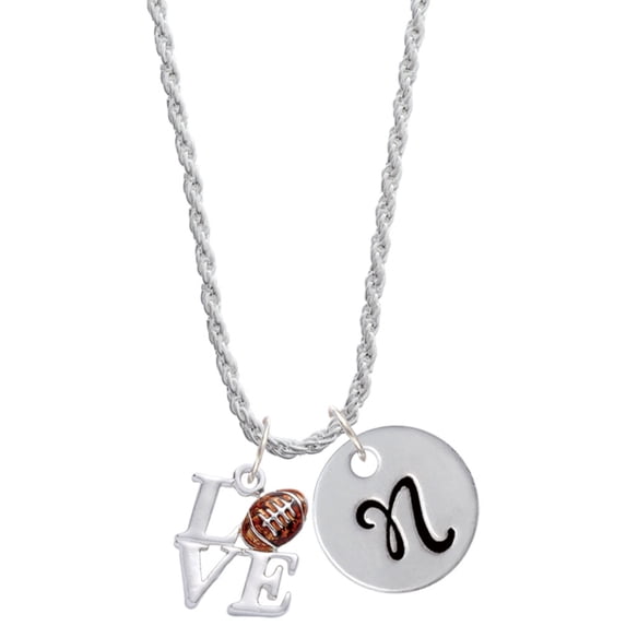 Delight Jewelry Silvertone Love with Football Silvertone Script Initial Disc - N - Charm Necklace, 20"+3"