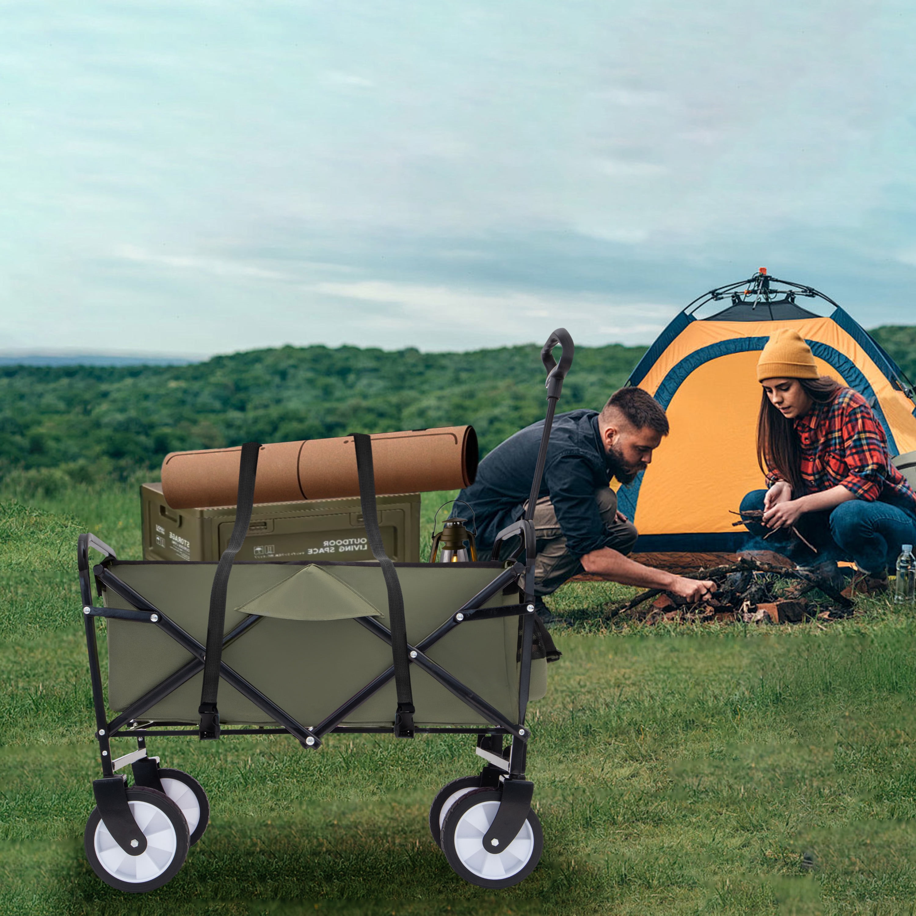 Yoneston 225LBS Collapsible Wagon Cart, Portable Heavy Duty Utility Wagon with 3pcs Plastic Liner Cover Bag for Camping, Picinc, Shopping, Beach, Grocery Transport, Green