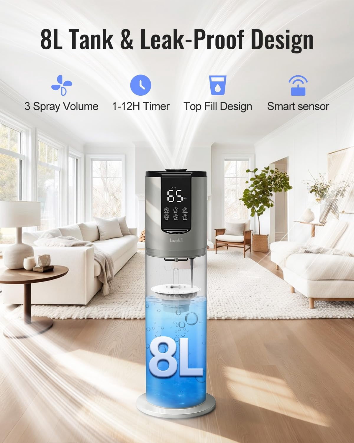 8L Ultrasonic Cool Mist Humidifier for Bedroom Large Room, Easy Clean Washable Parts, Grey