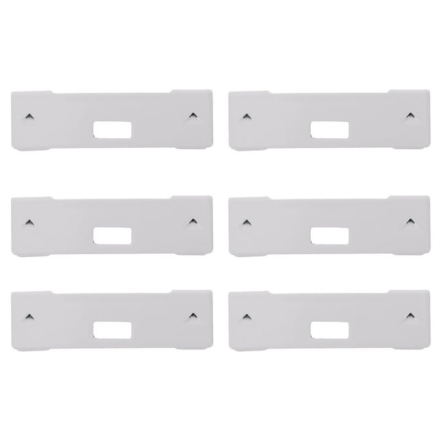 6pcs Vertical Blind Repair Vane Savers Blind Repair Clips, shown in a set of six white metal clips. Each clip features a rectangular shape with a central cutout and small triangular notches for secure attachment. Designed for quick and easy repair of broken vertical blind vanes, these clips are durable and suitable for most colours and textures of vertical blinds. Compact and organized for storage in a plastic box.