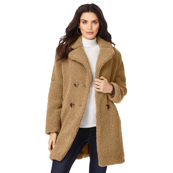 Roaman's Women's Plus Size Double Breasted Teddy Coat