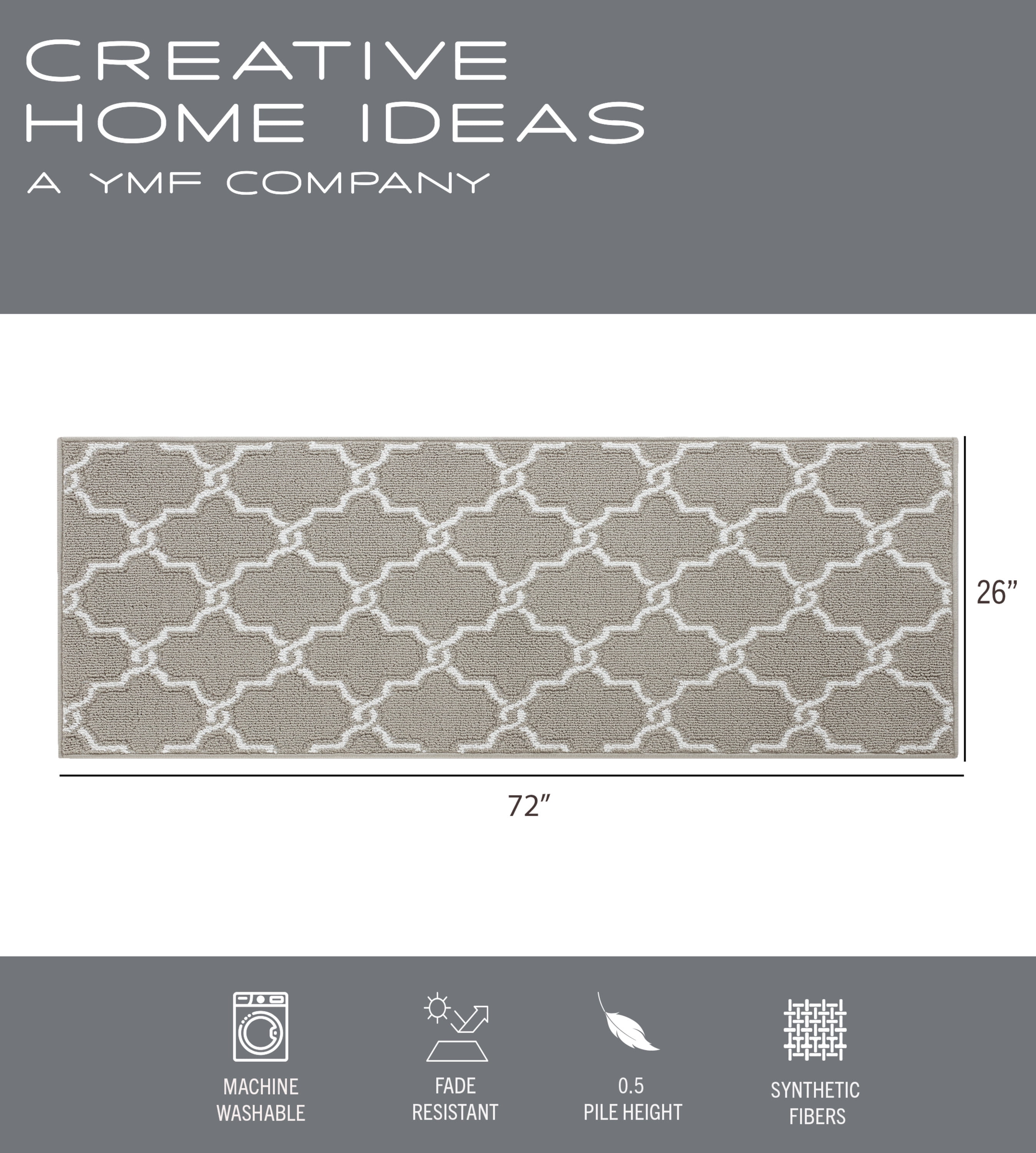 Washable Skid-Resistant Runner Rug, Geometric, Light Grey and White, 26" x 72"