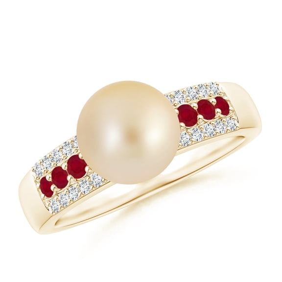 ANGARA Golden South Sea Cultured Pearl Ring with Rubies in 14K Yellow Gold for Women | June Birthstone, Birthday, Anniversary, Jewelry Gift for Women | Pearl Ring