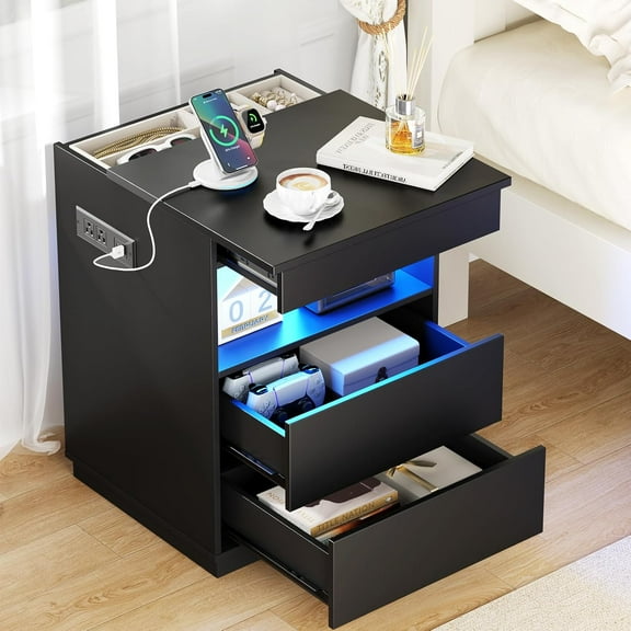 Nightstand with Hidden Compartment & USB/Type-C Charging Station - Locking Night Stand with Gun Drawer, LED Lights, Modern Bedside Table for Bedroom or Office, Secure Hidden Storage, Black