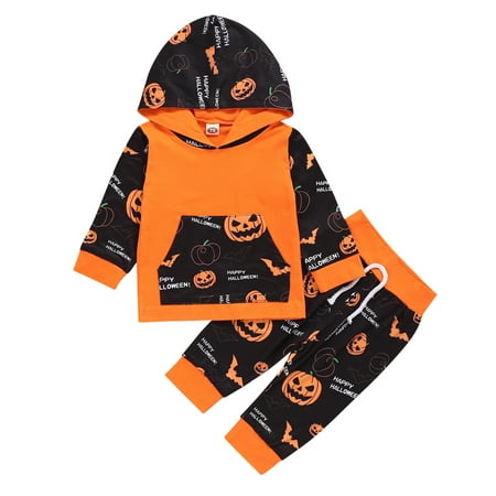 

nsendm Infant Baby Boys Halloween Long-sleeved Letter Printed Hooded Tops Cartoon Pants Cutest Outfits for Teens Childrenscostume Orange 0-3 Months