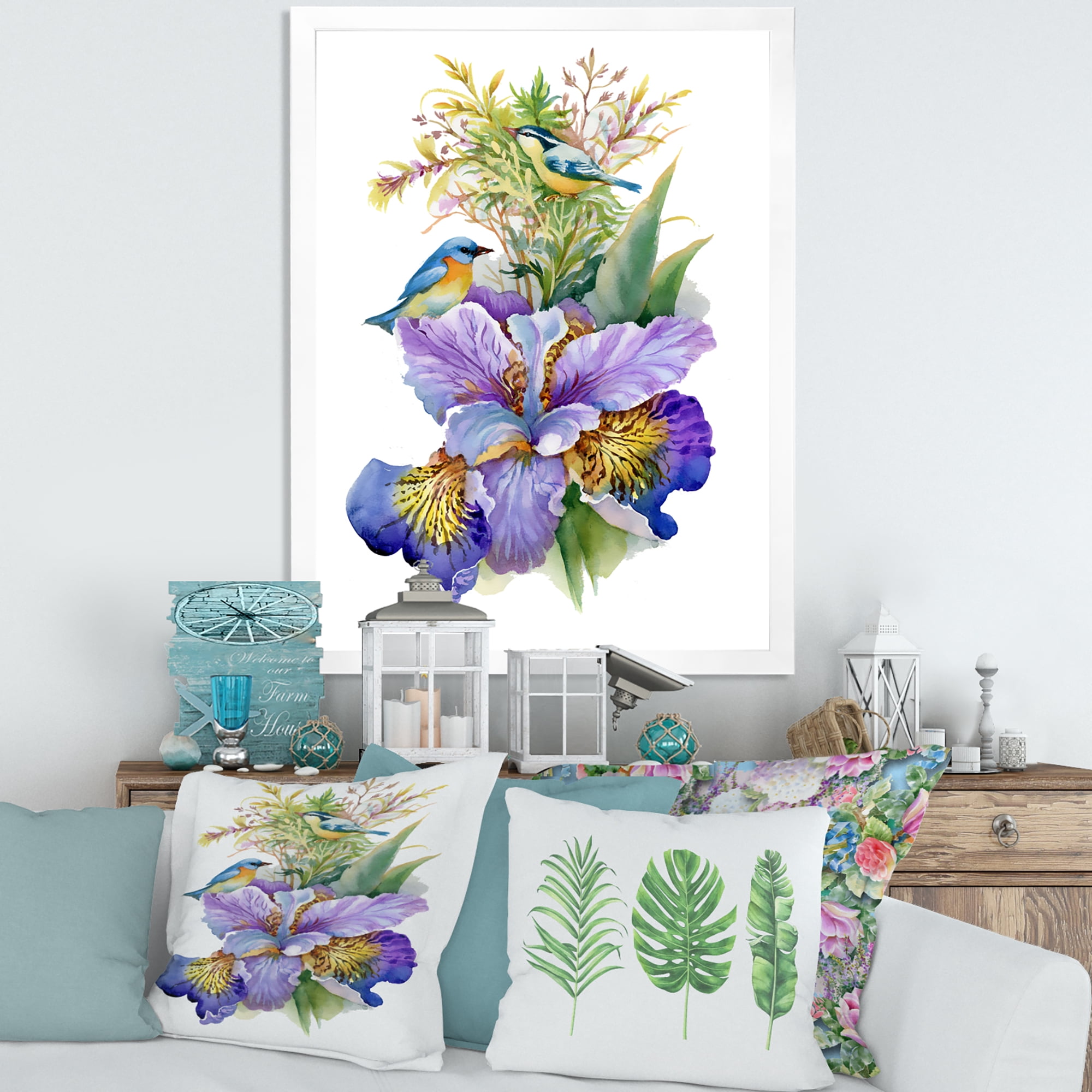 Designart 'Birds With Purple Iris' Traditional Framed Art Print