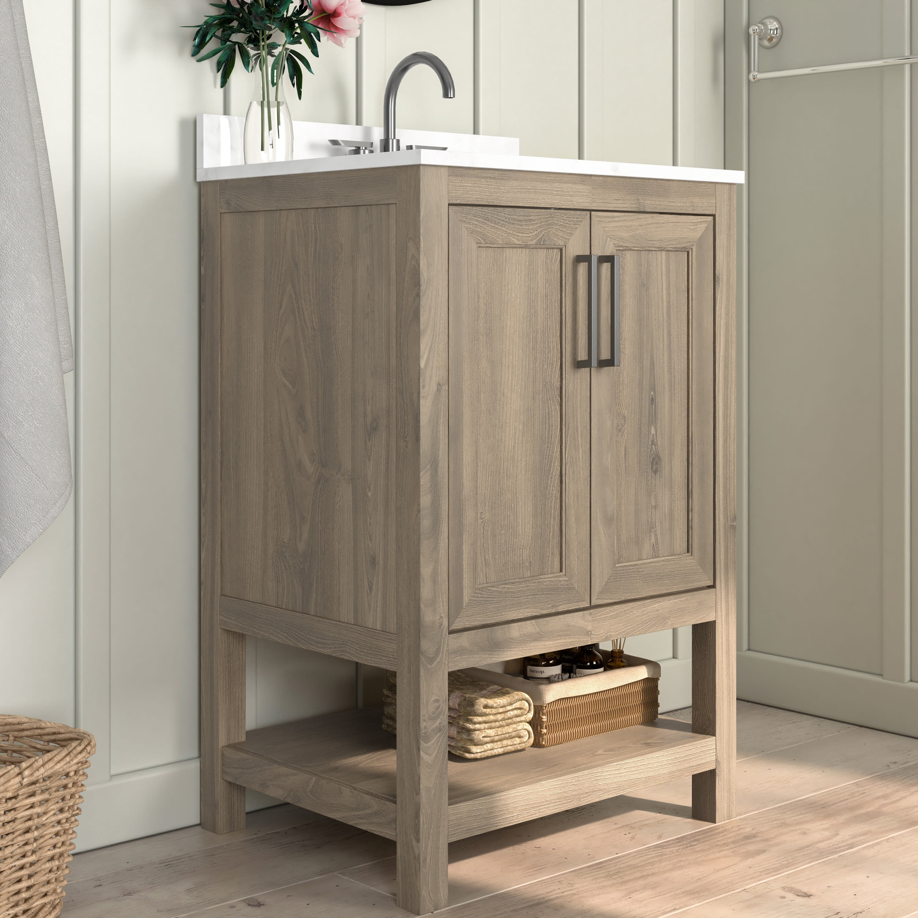 Emma + Oliver 24 Inch Bathroom Vanity, Single Sink Cabinet with 2 Soft Close Doors and Open Shelf, Carrara Marble Finish Countertop, Brown