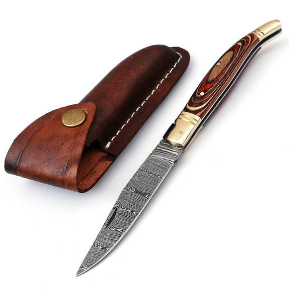 Damascus steel folding knife with leather sheath, 8.5 inches long laguiole pocket knife with 4 inches long Damascus steel Blade, 4.5 inches Brown multi shade wood scale with Brass bolster and pommel