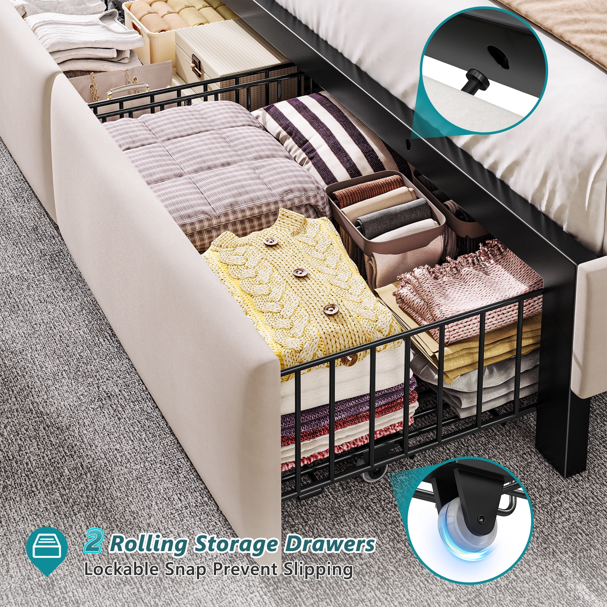 EnHomee King Size Bed Frame with 2 Drawers &  Storage Platform Upholstered Bed Frame King with Headboard King Bed Frame with LED Lights & Charge Station, No Box Spring Needed, No-Noise, Beige
