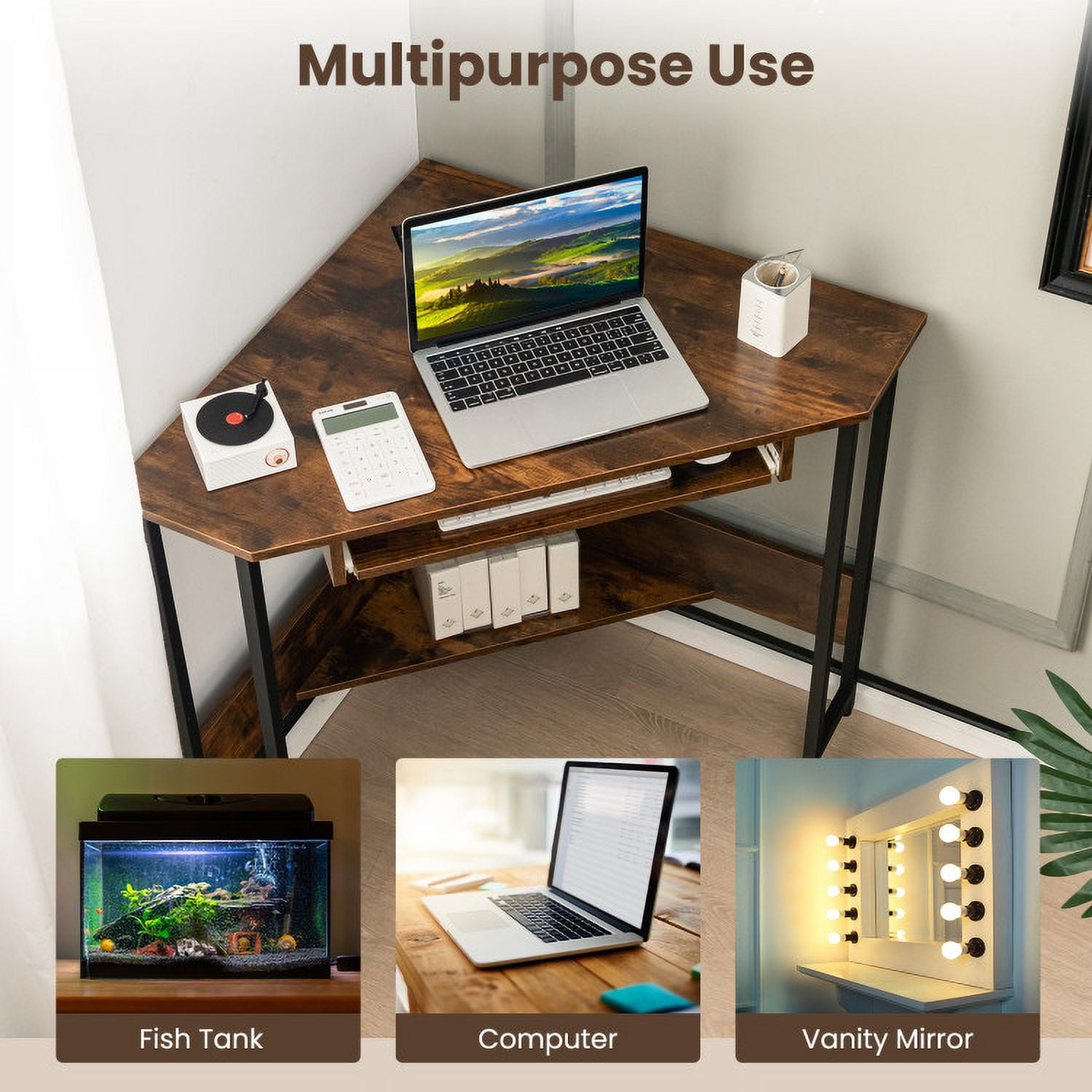 Kadyn Computer Corner Desk,Home Office Writing Worstation, Corner Table,Triangle Corner Desk with Charging Station Keyboard Tray and Storage Shelf-Rustic Brown