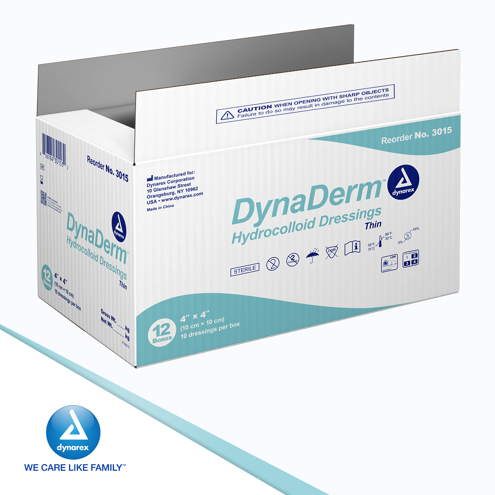 Dynarex DynaDerm Hydrocolloid Dressings, Sterile Moist Bandages Used for All Kinds of Wounds, 4" x 4", Thin & Latex-Free, Peel-Down Patches - 1 Case, 12 Boxes of 10 Dressings