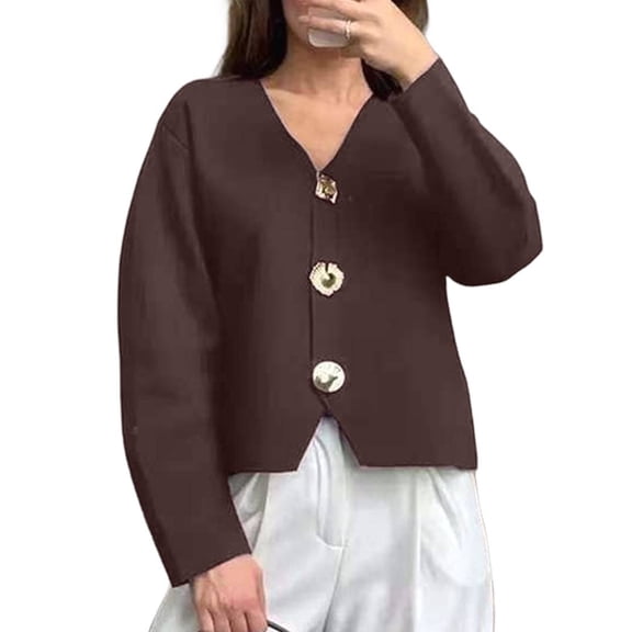 Cropped Cardigan Sweaters for Women V Neck Long Sleeve Gold Button Down Knit Cardigan Tops Brown S