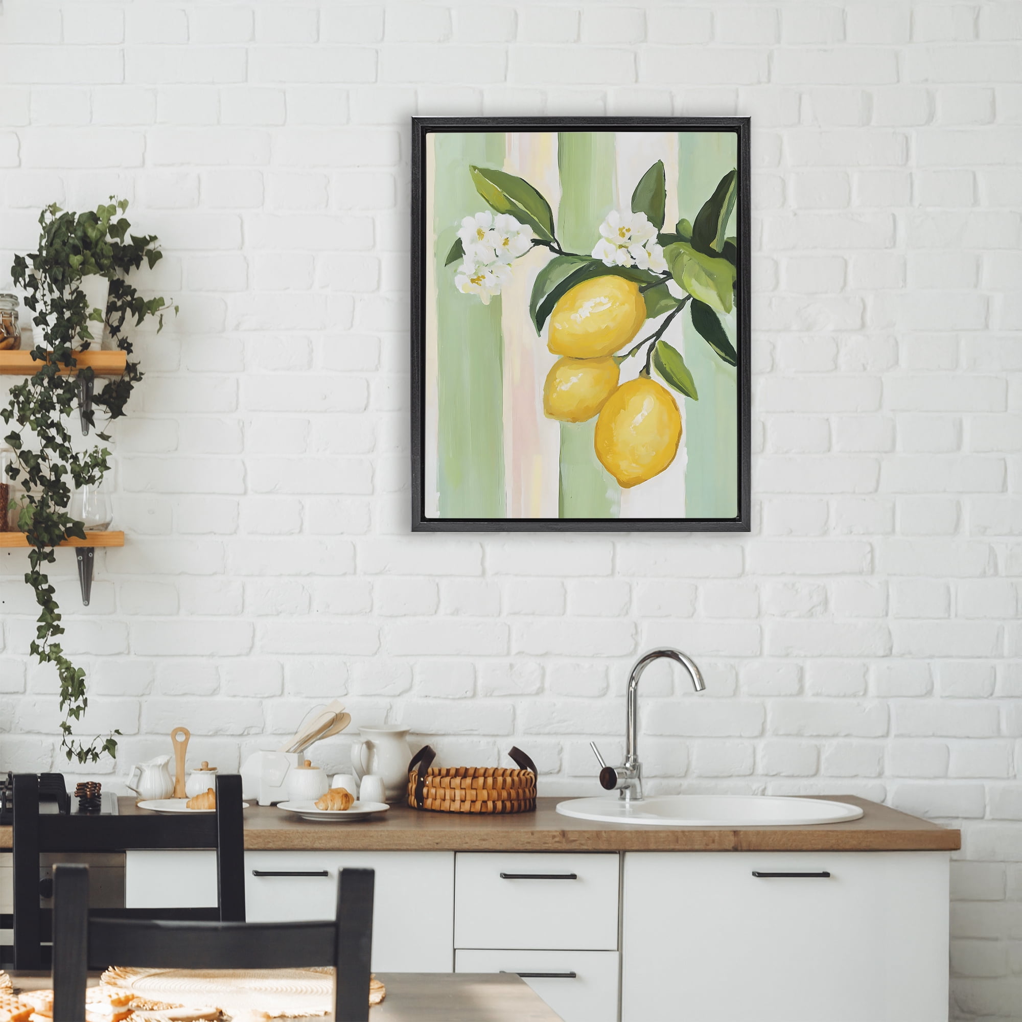 Stupell Industries Lemons & Flowers on Stripes Black Framed Floater Canvas Wall Art, design by The Prints Vibe