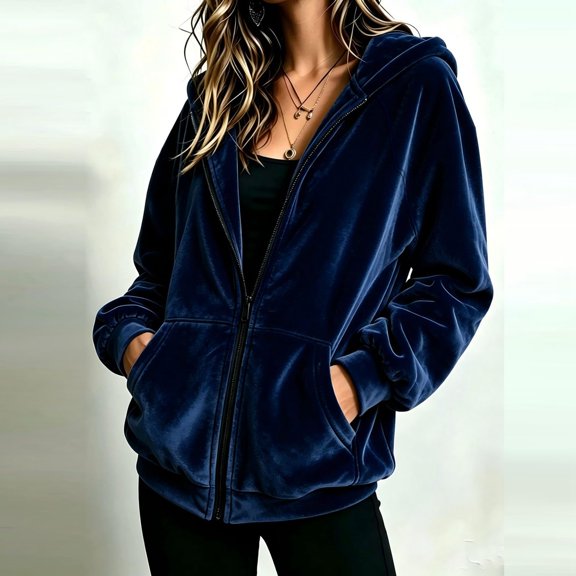 Bexdxz Zip Up Hoodie Women Velvet Elegant Oversized Long Sleeve Hooded Sweatshirt | Womens Hoodies Pullover 2026 Velvet Oversized Loose Fit Full Zip Hooded Navy S
